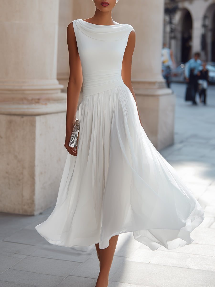 Dorvelli | Women's Midi Dress – Draped Neck Sleeveless - White