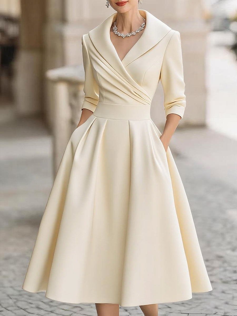 Dorvelli | Women's Midi Dress – Vintage Satin Draped Collar - Beige