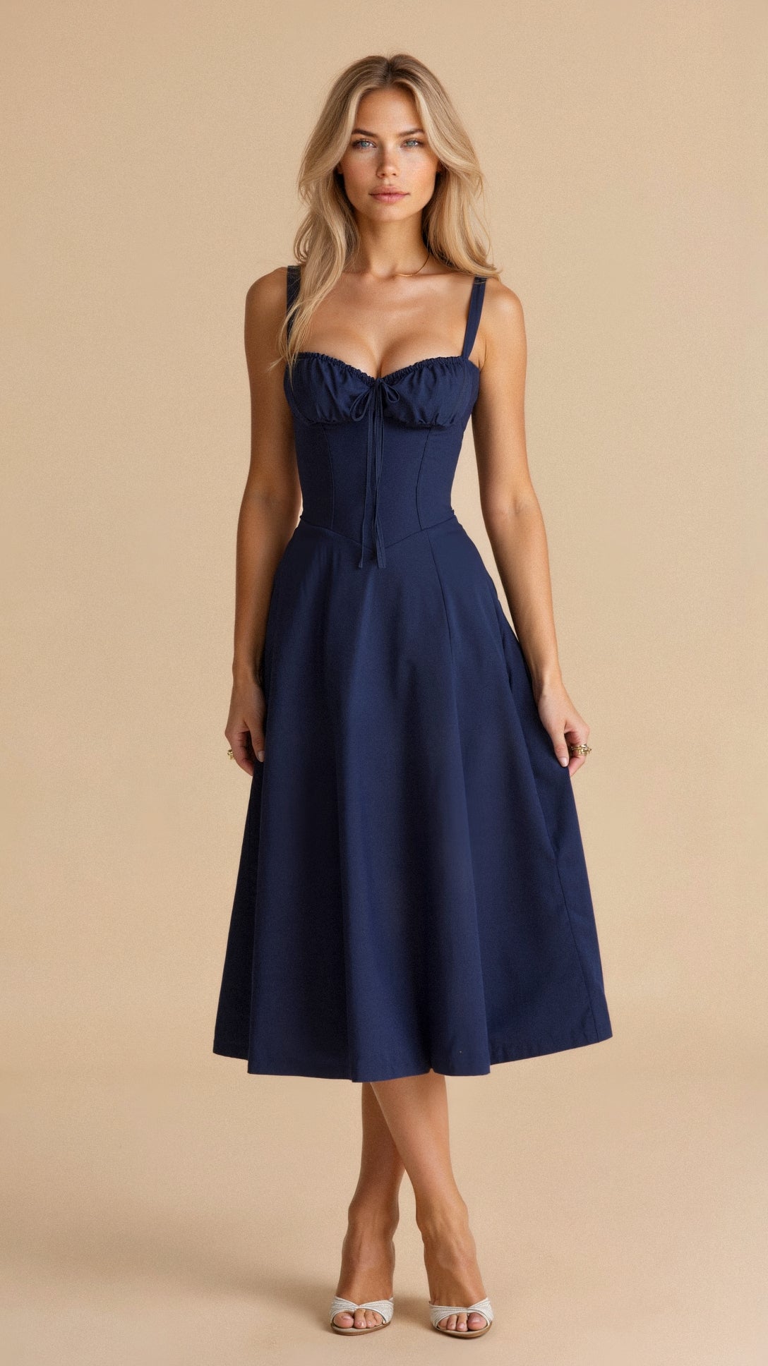 Dorvelli | Women's Midi Dress – Drawstring Sleeveless - Navy