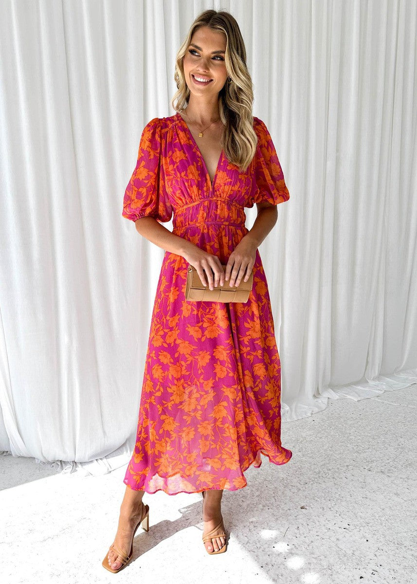 Dorvelli | Women's Midi Dress – Floral Puff Sleeve - Peach