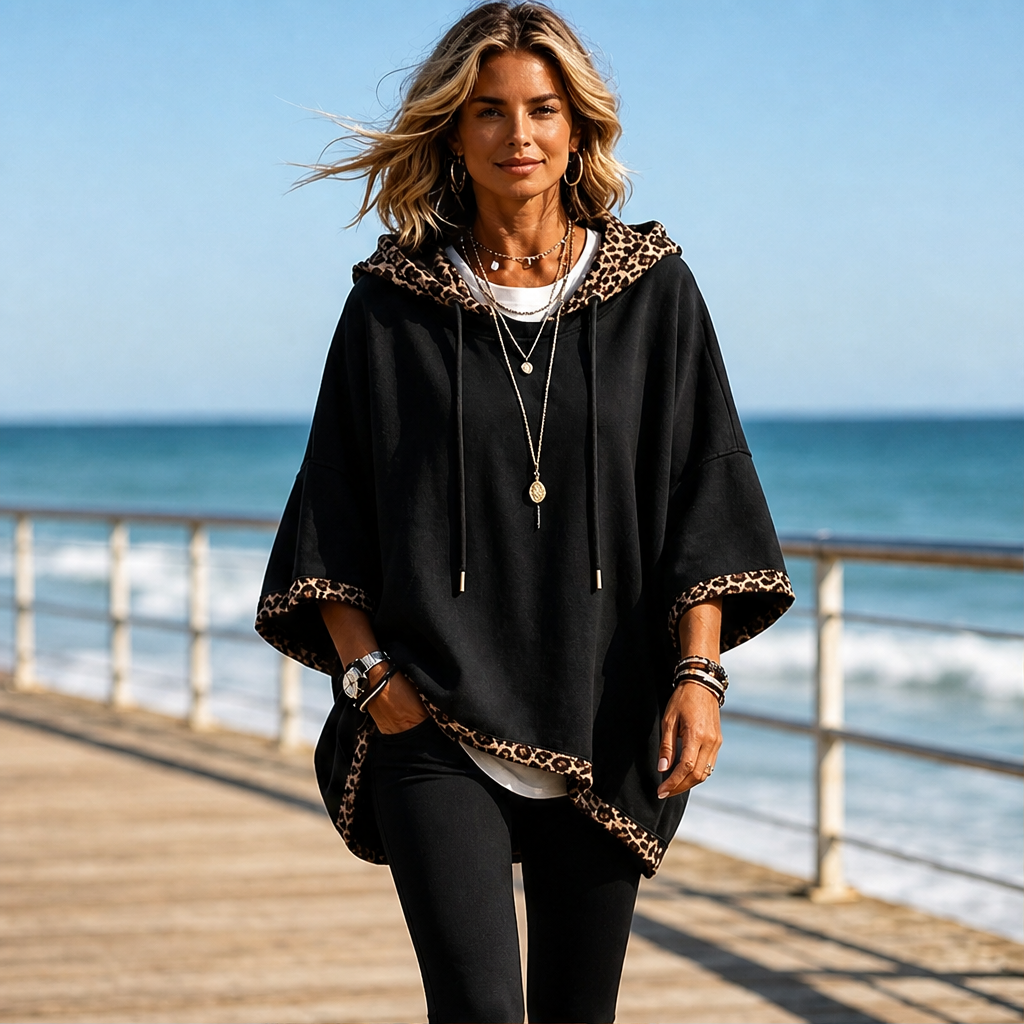 Wrenna Poncho Hoodie – Leopard Print Trim Oversized Drawstring Hood Black