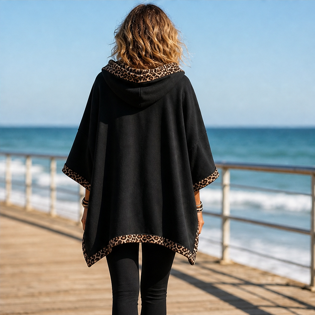 Wrenna Poncho Hoodie – Leopard Print Trim Oversized Drawstring Hood Black