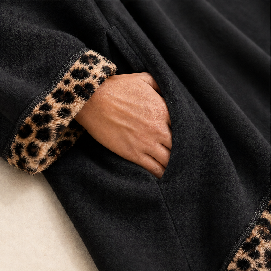 Wrenna Poncho Hoodie – Leopard Print Trim Oversized Drawstring Hood Black