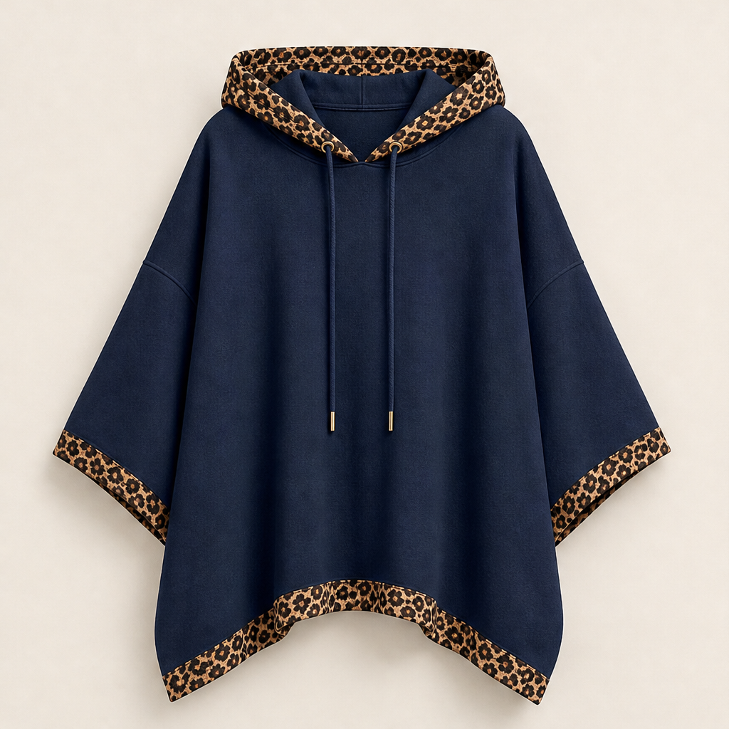 Wrenna Poncho Hoodie – Leopard Print Trim Oversized Drawstring Hood Navy