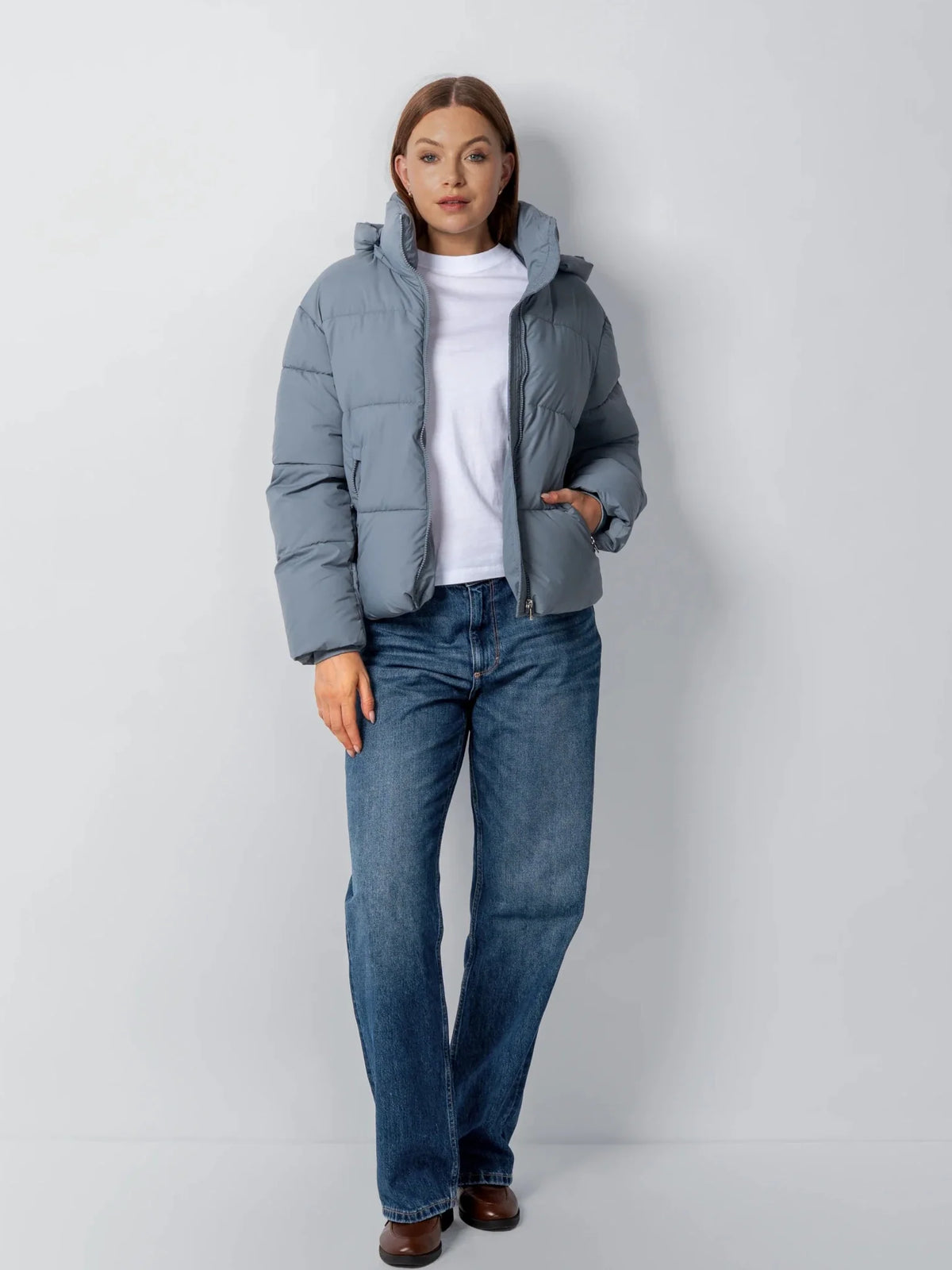 Ysolde Quilted Cropped Puffer Jacket – Dusty Blue