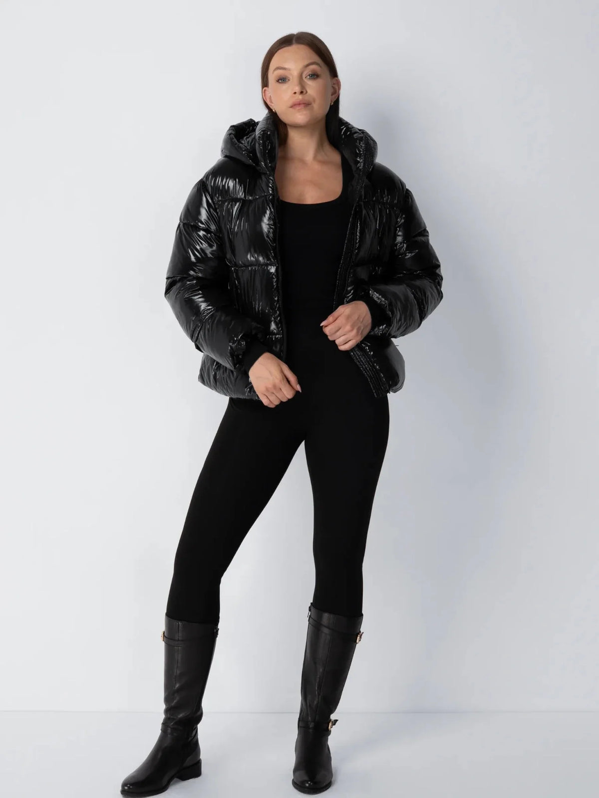 Ysolde Quilted Cropped Puffer Jacket – Gloss Black