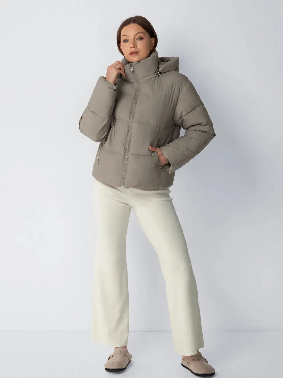 Ysolde Quilted Cropped Puffer Jacket – Taupe