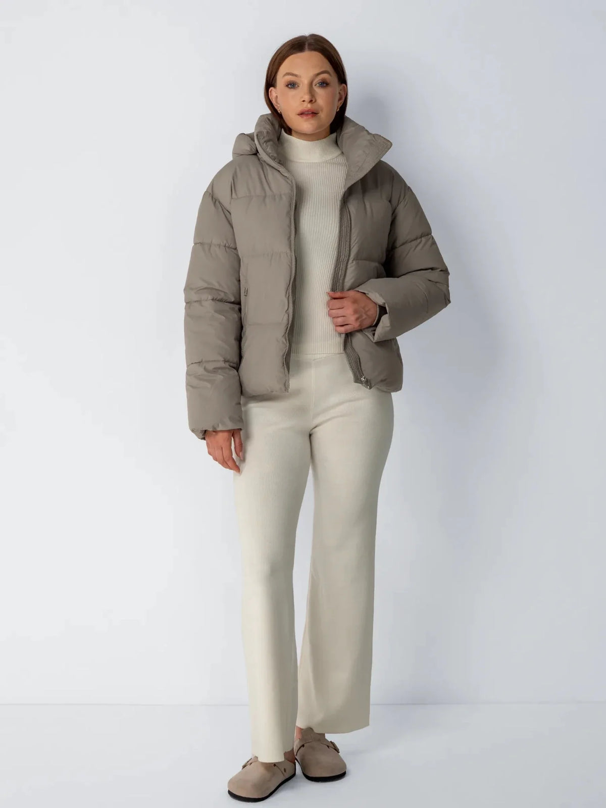 Ysolde Quilted Cropped Puffer Jacket – Taupe