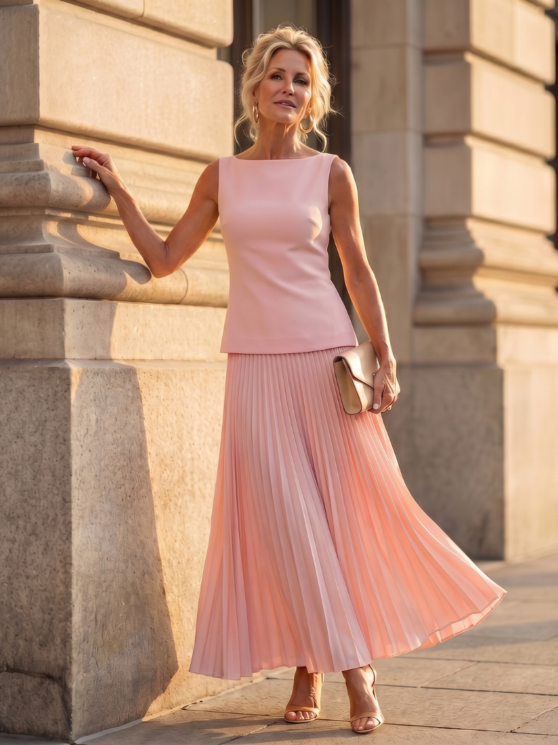 Dorvelli | Women's Two-Piece Set – Structured Bodice Pleated