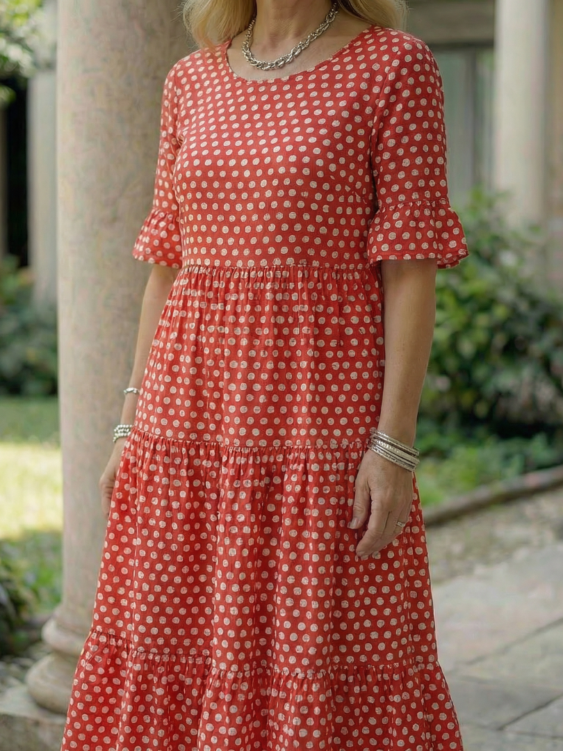 Dorvelli | Women's Midi Dress – Polka Dot Tiered Sleeve