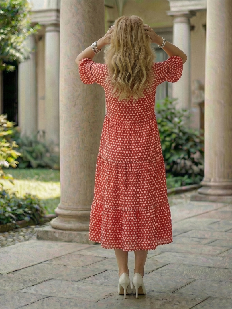 Dorvelli | Women's Midi Dress – Polka Dot Tiered Sleeve