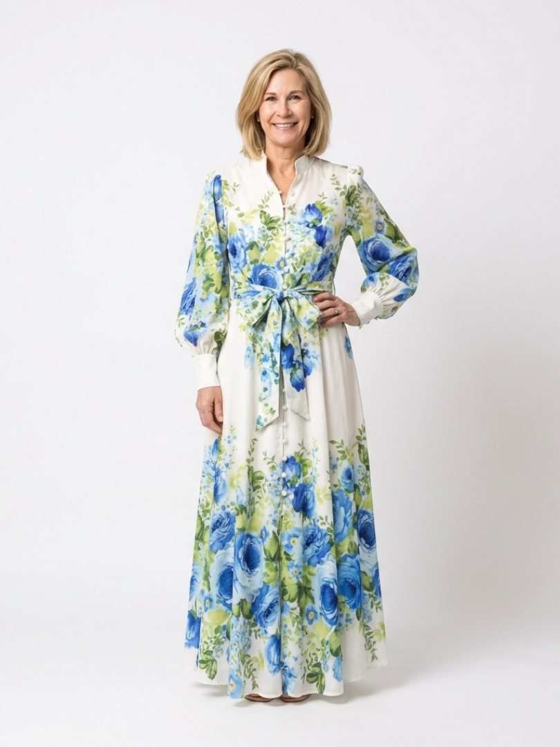 Dorvelli | Women's Maxi Dress – Long Sleeve Floral Button
