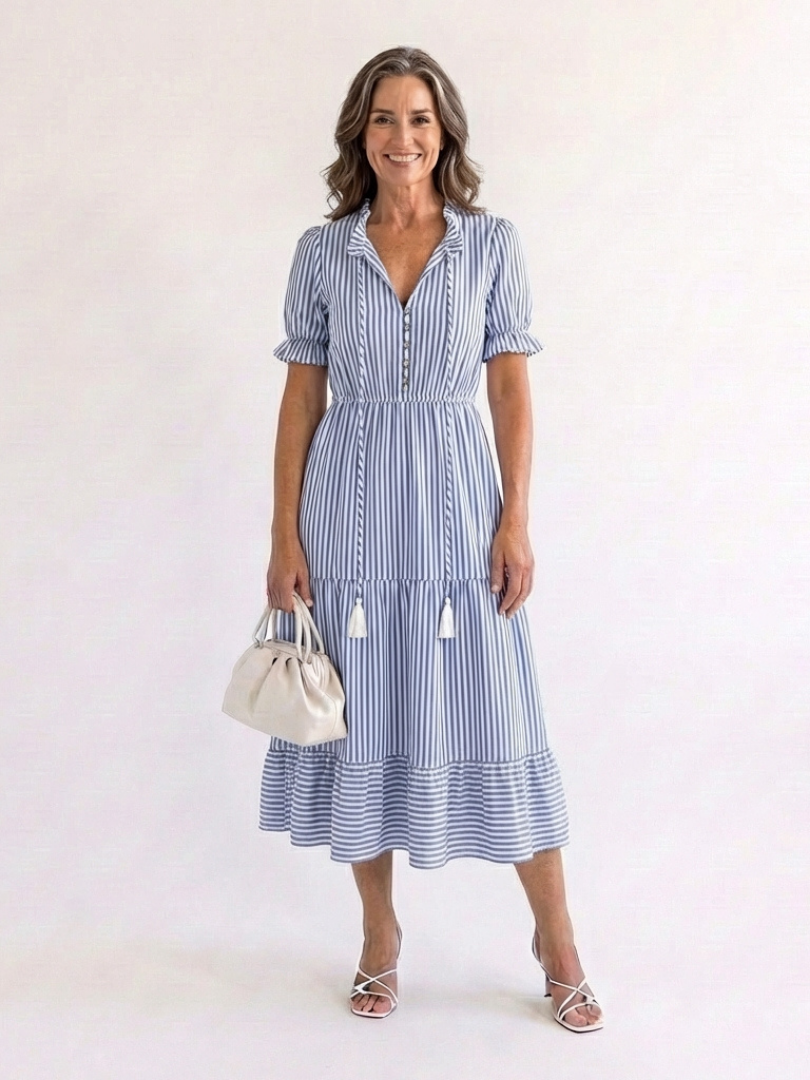 Dorvelli | Women's Midi Dress – Sleeve Striped Tiered