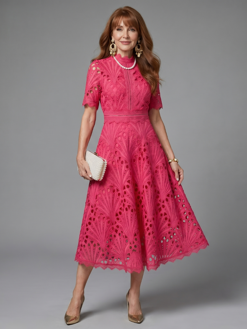 Dorvelli | Women's Midi Dress – Sleeve Eyelet Lace Fitted