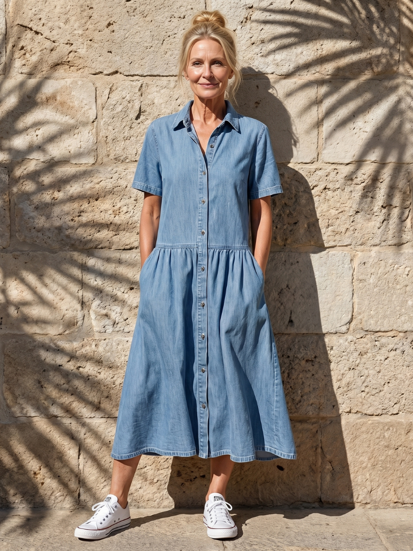 Dorvelli | Women's Midi Dress – Gathered Waist Collar Front