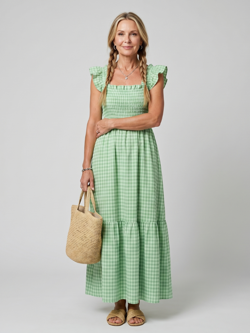 Dorvelli | Women's Midi Dress – Sleeveless Square Neck Gingham