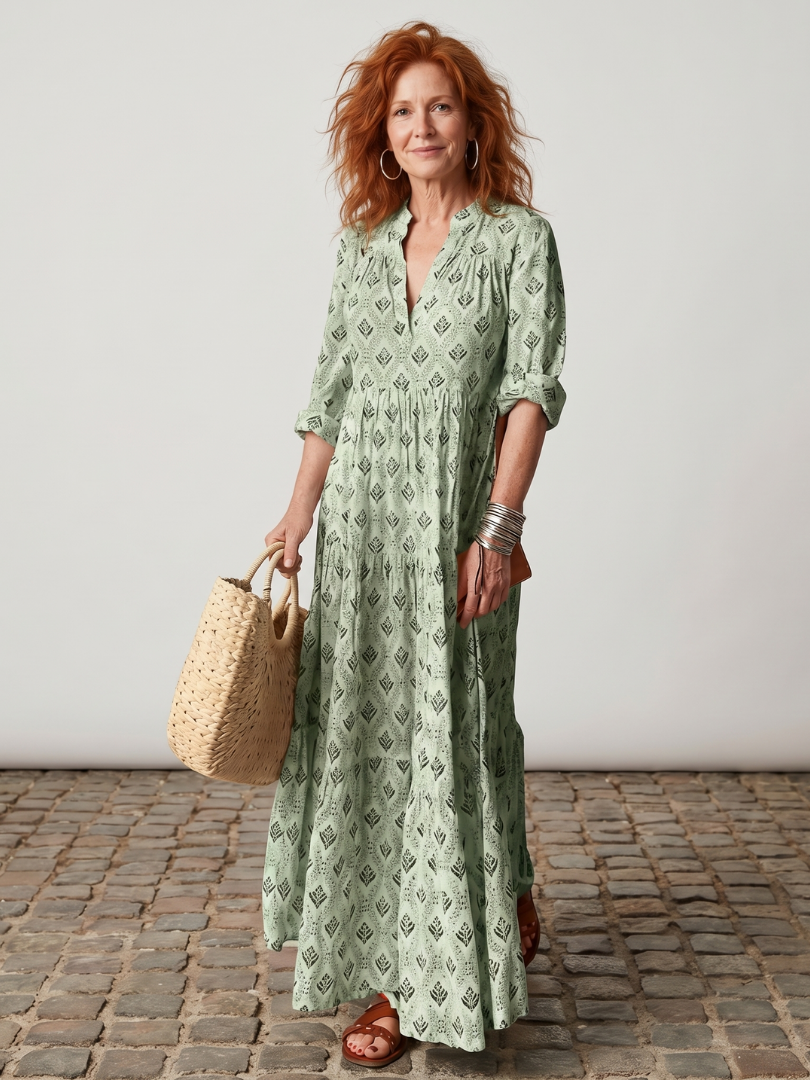Dorvelli | Women's Maxi Dress – Notch Neck Printed Long