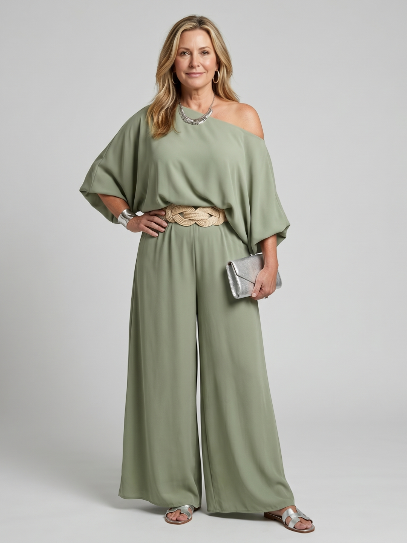 Dorvelli | Women's Two-Piece Set – One Shoulder Wide Sleeve