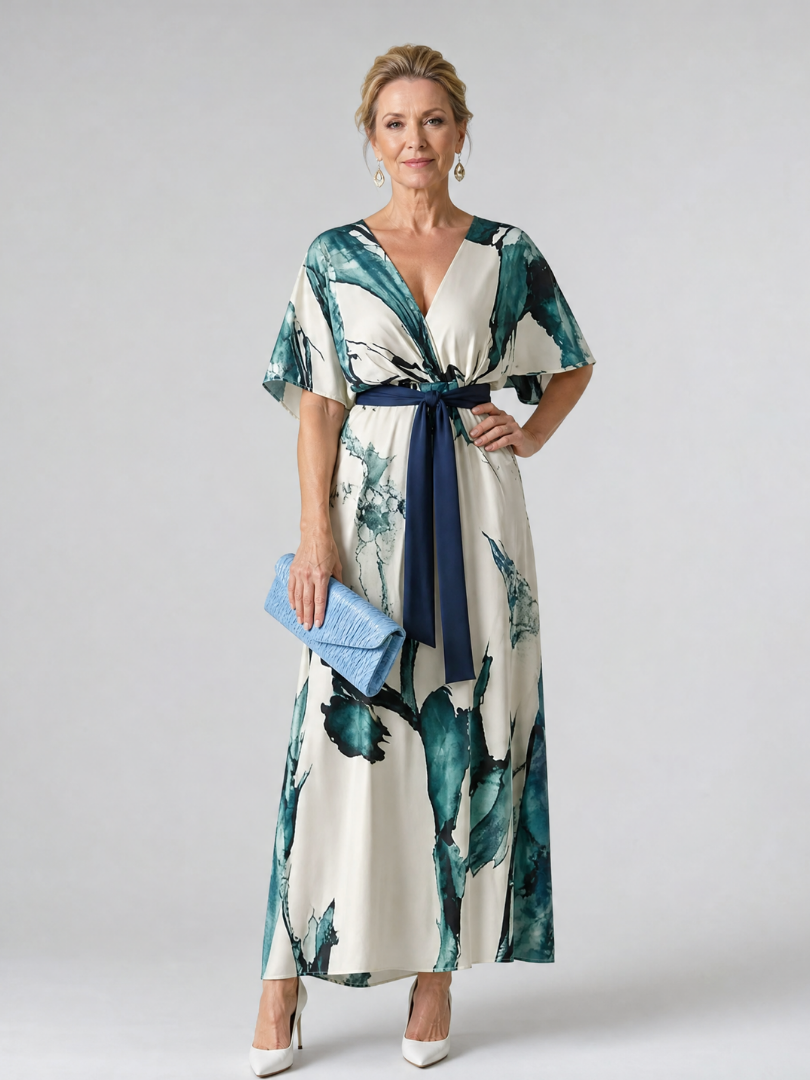 Dorvelli | Women's Maxi Dress – Abstract Belted Flutter Sleeve
