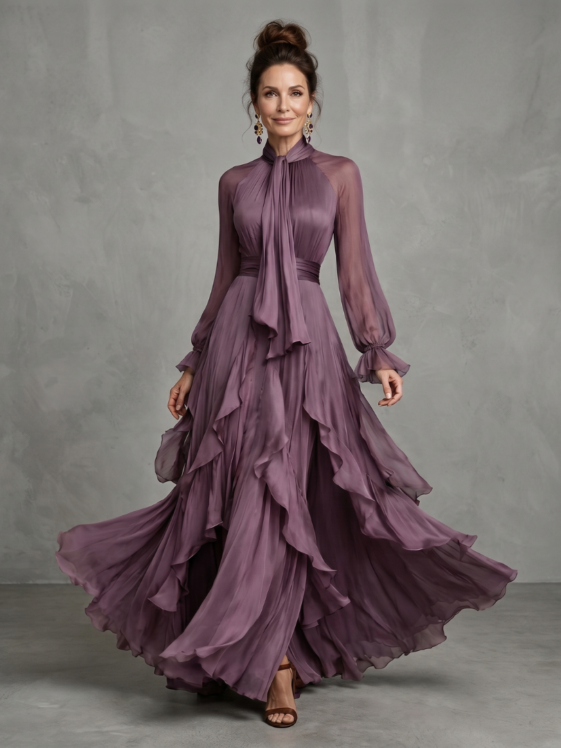 Dorvelli | Women's Maxi Dress – Tie Neck Ruffle Tiered