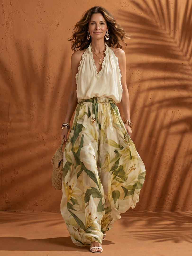 Dorvelli | Women's Two-Piece Set – Halter Neck Floral Wide