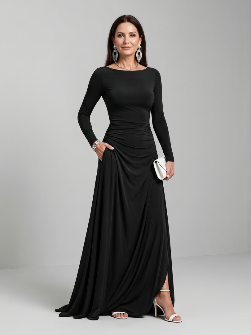 Dorvelli | Women's Maxi Dress – Long Sleeve Boat Neck