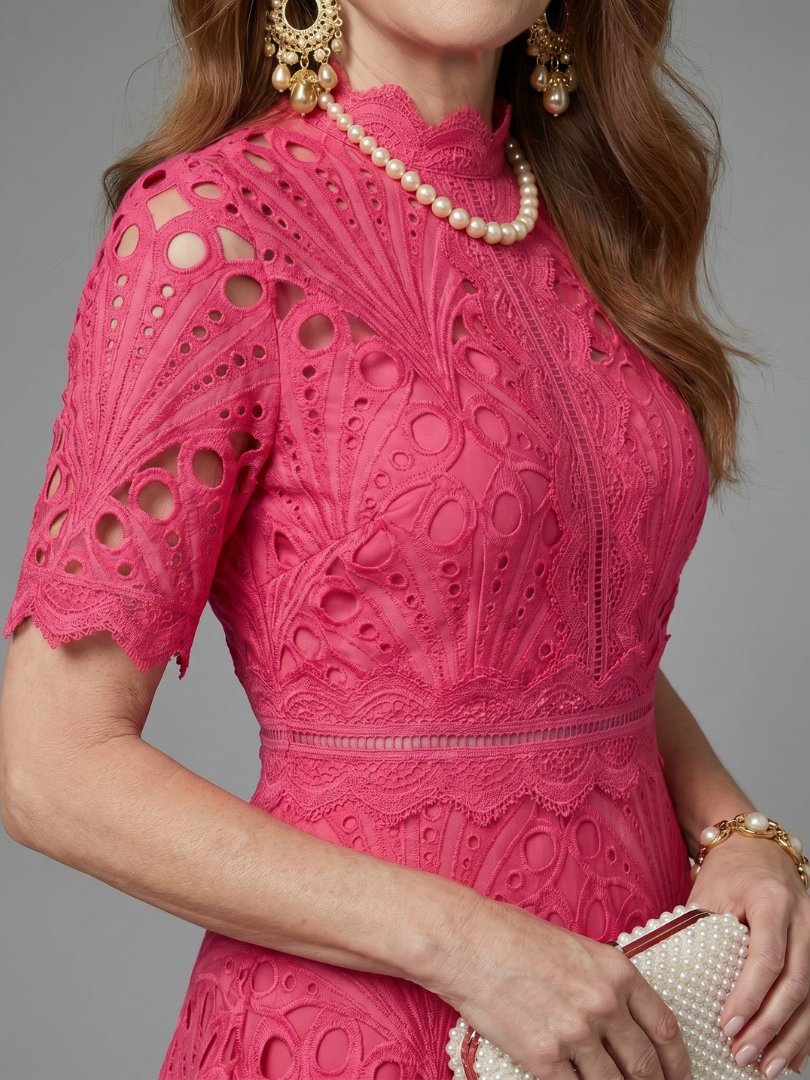 Dorvelli | Women's Midi Dress – Sleeve Eyelet Lace Fitted