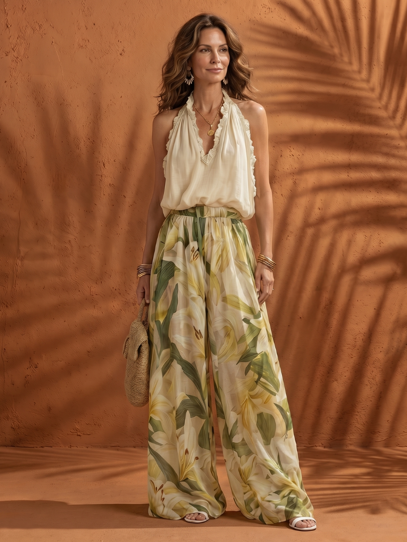 Dorvelli | Women's Two-Piece Set – Halter Neck Floral Wide