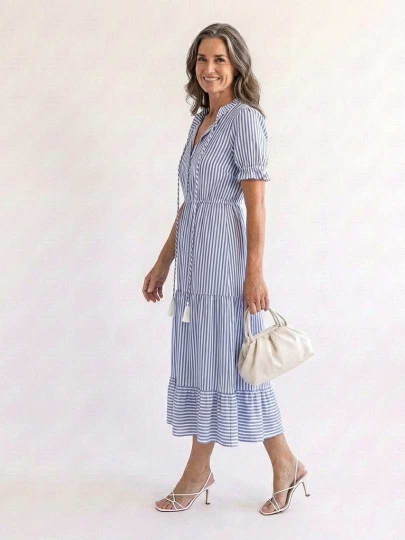 Dorvelli | Women's Midi Dress – Sleeve Striped Tiered