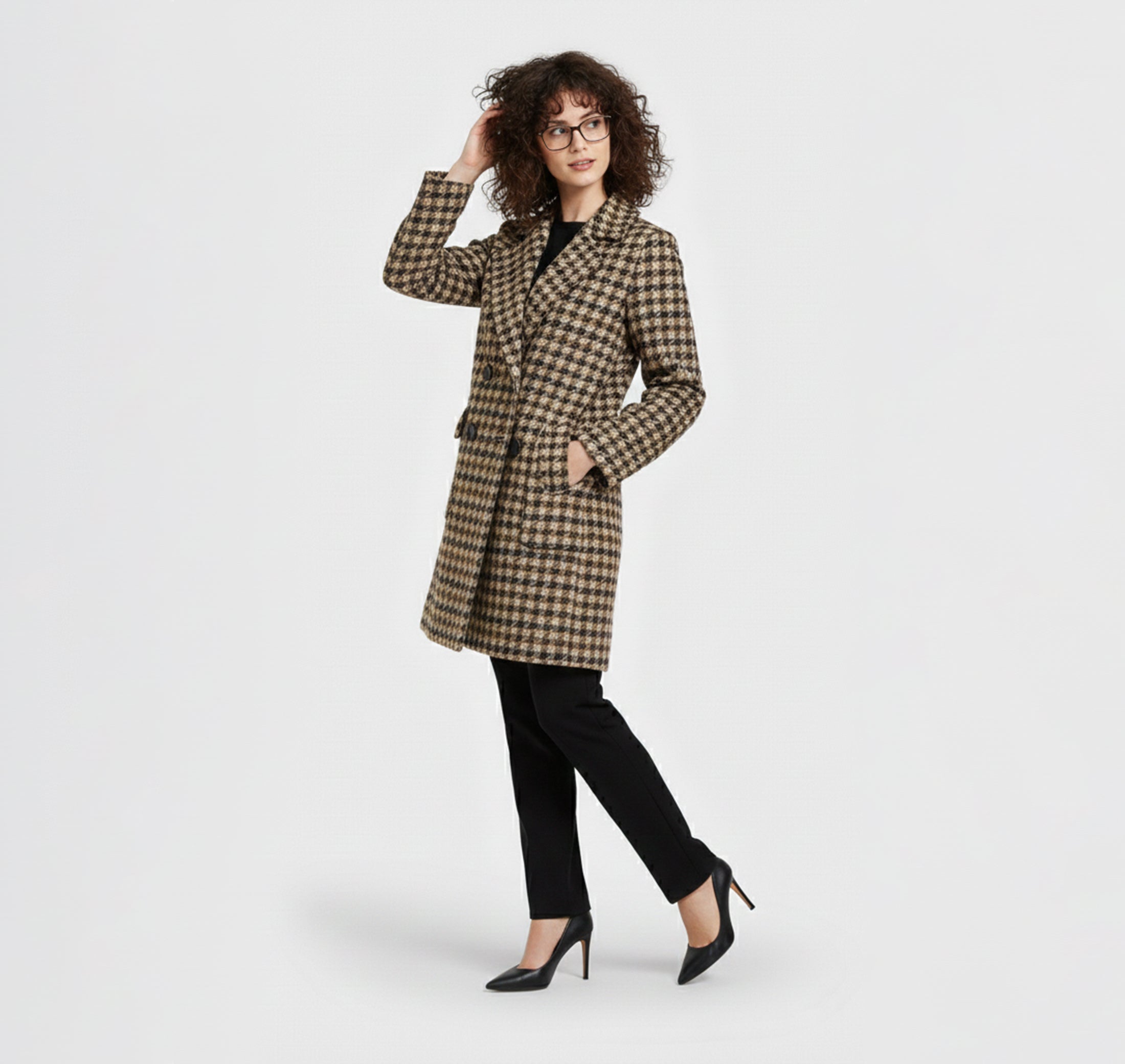 Dorvelli | Suit Collar Houndstooth Coat – Khaki Quilted Style