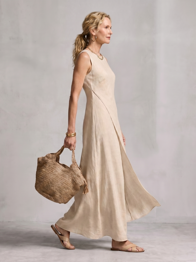 Dorvelli | Women's Maxi Dress – Asymmetric Layered Round Neck