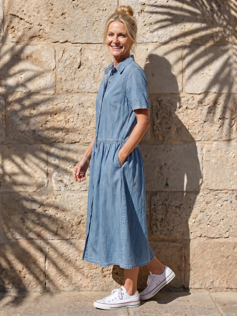 Dorvelli | Women's Midi Dress – Gathered Waist Collar Front