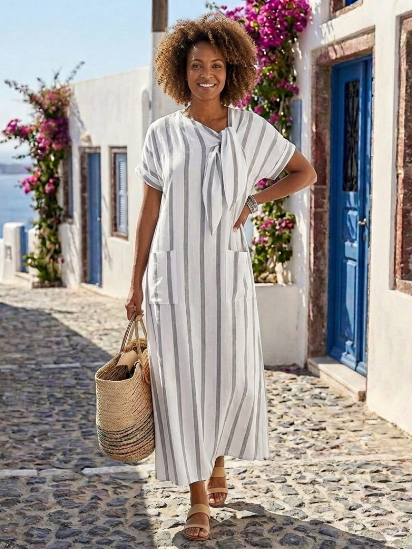 Dorvelli | Women's Midi Dress – Sleeve Striped Tie Neck