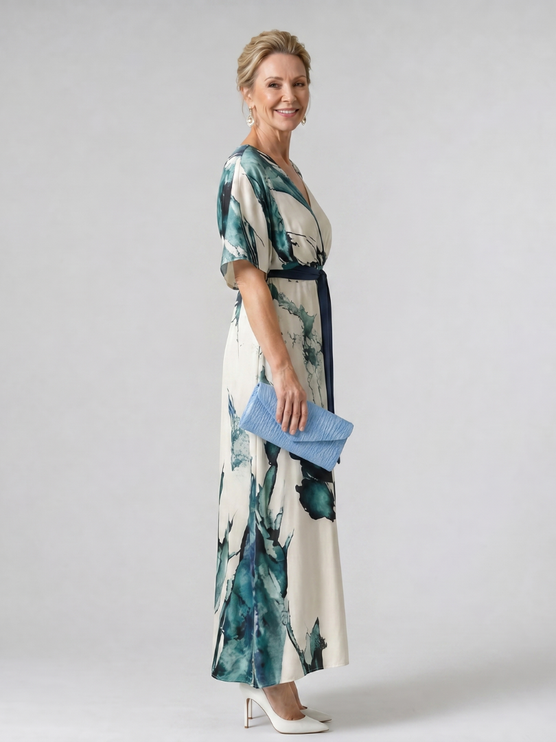 Dorvelli | Women's Maxi Dress – Abstract Belted Flutter Sleeve