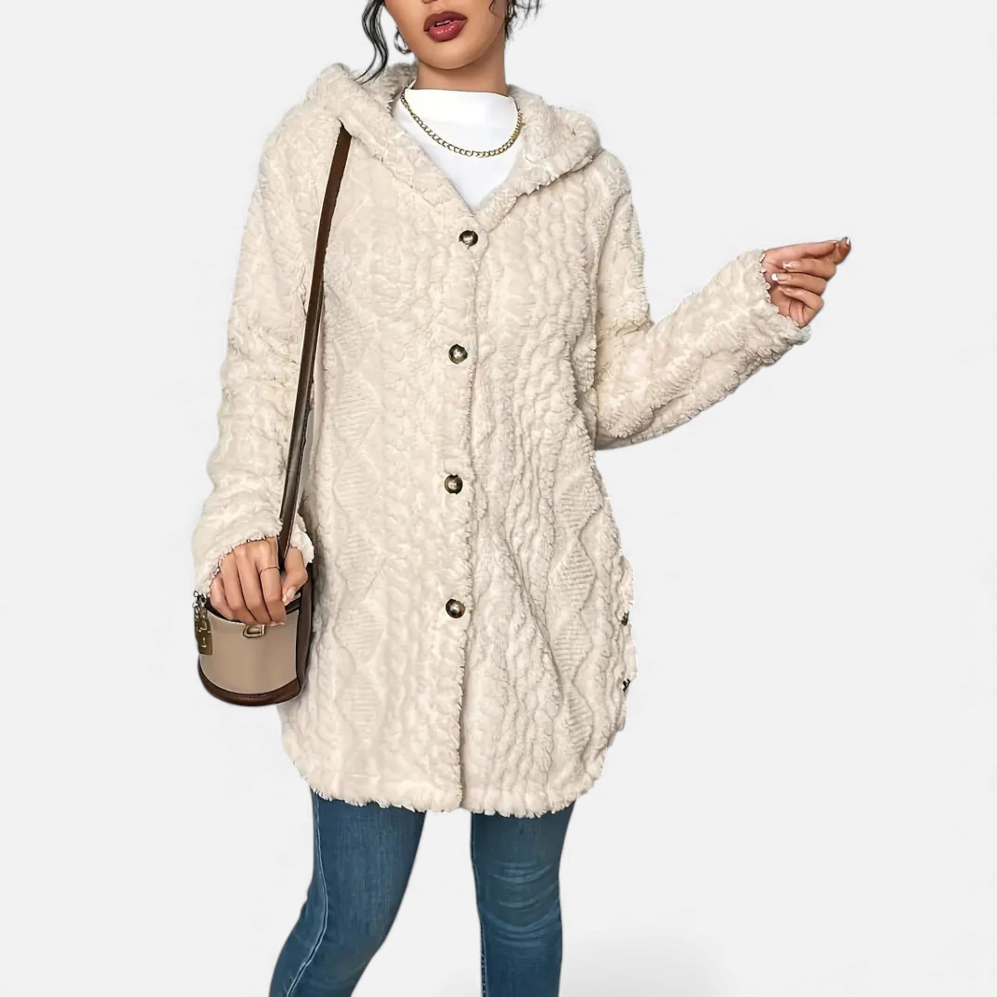 Dorvelli | Women’s Jacquard Plush Hooded Cardigan – Winter Warm Elegance