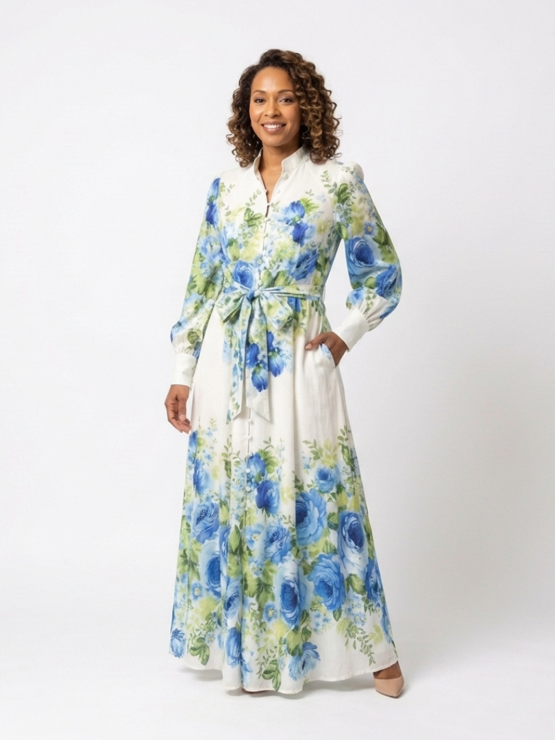 Dorvelli | Women's Maxi Dress – Long Sleeve Floral Button