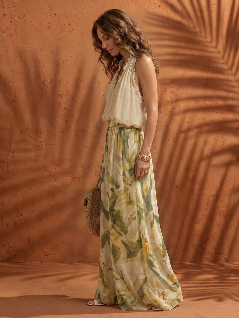 Dorvelli | Women's Two-Piece Set – Halter Neck Floral Wide