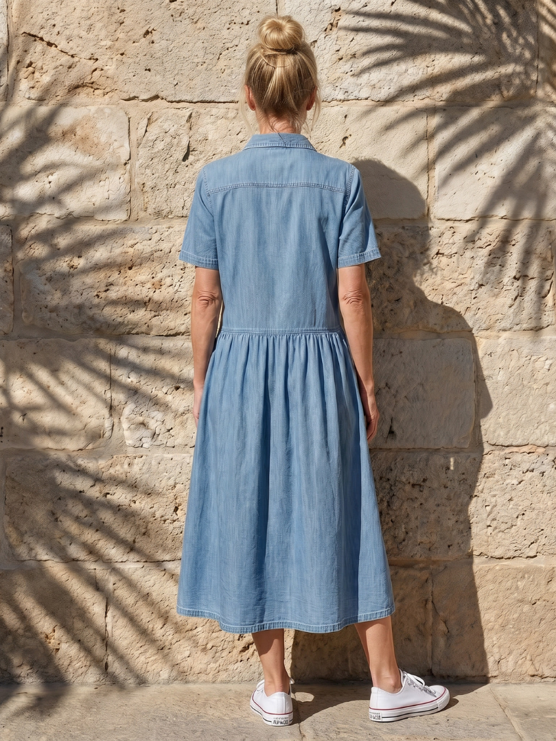 Dorvelli | Women's Midi Dress – Gathered Waist Collar Front