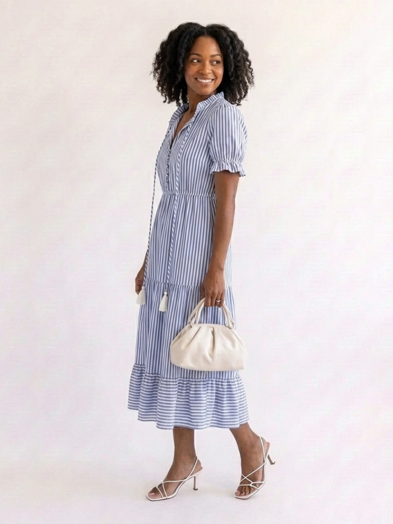 Dorvelli | Women's Midi Dress – Sleeve Striped Tiered