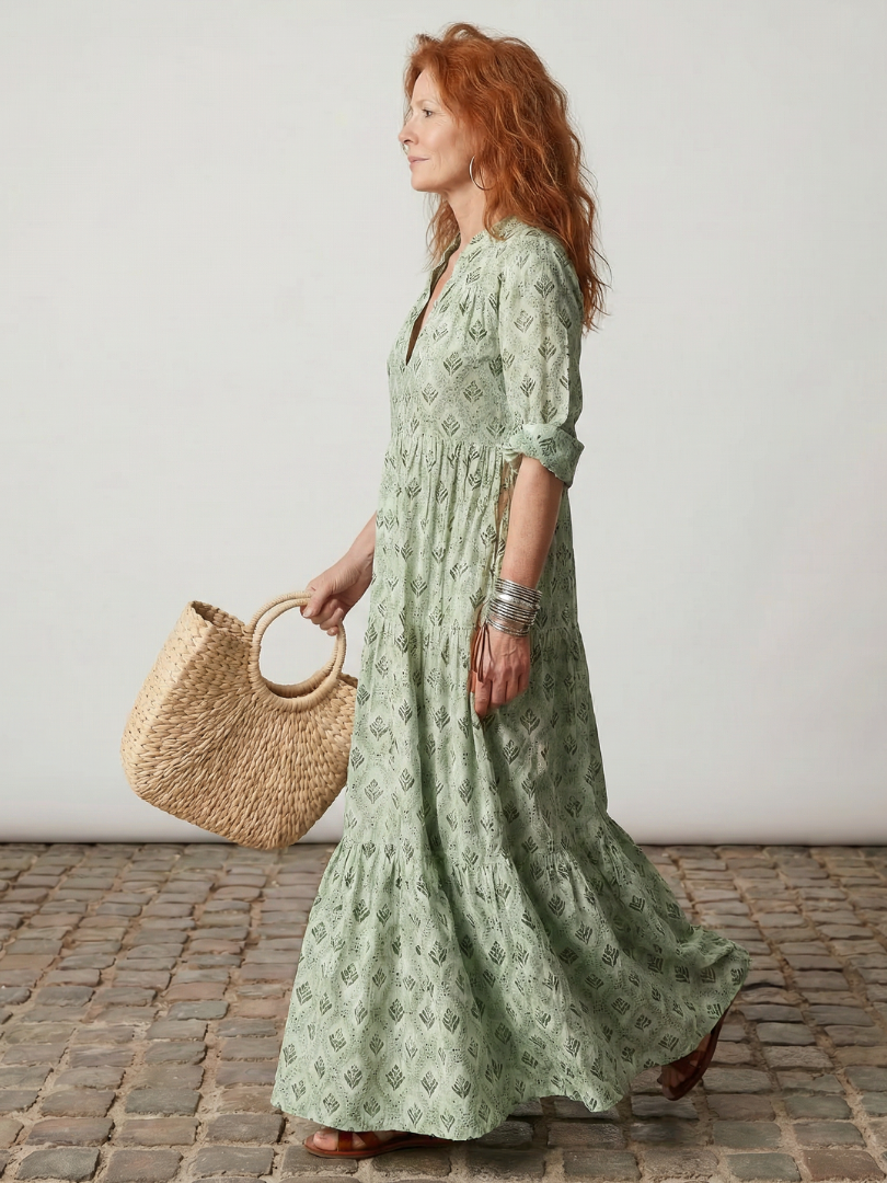 Dorvelli | Women's Maxi Dress – Notch Neck Printed Long