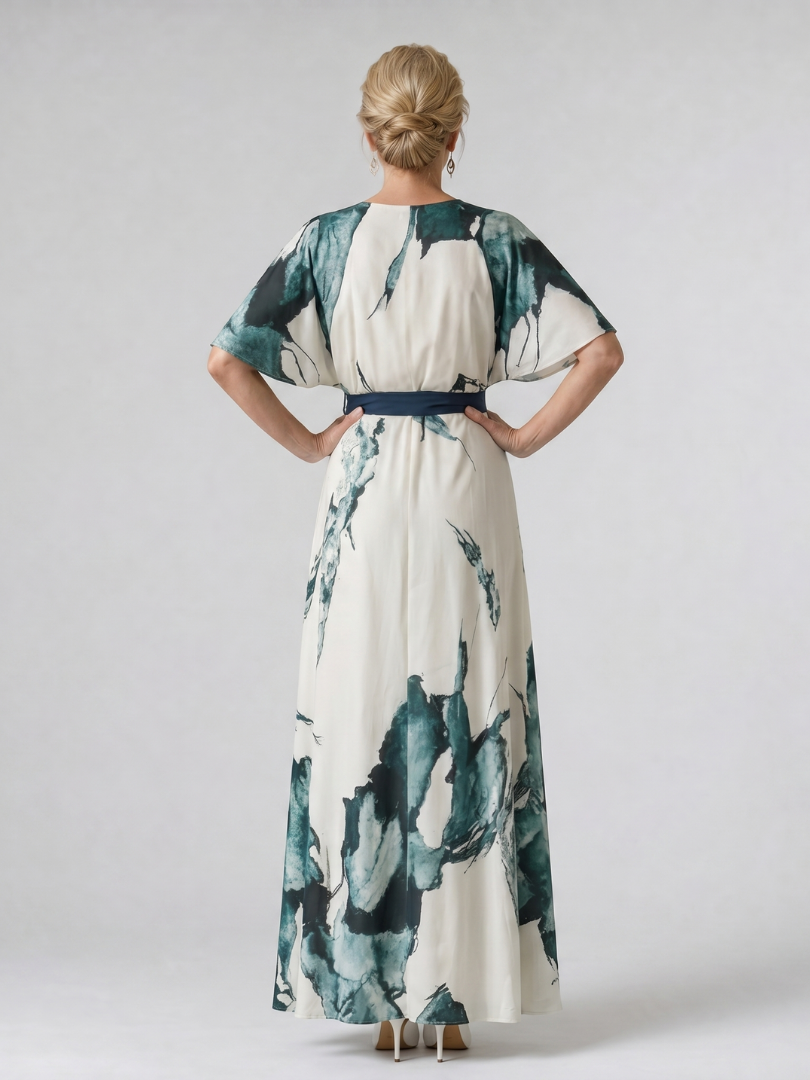 Dorvelli | Women's Maxi Dress – Abstract Belted Flutter Sleeve