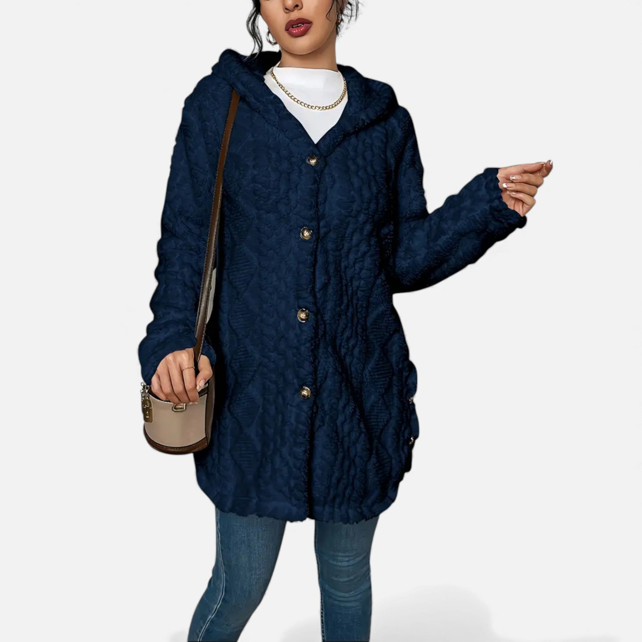 Dorvelli | Women’s Jacquard Plush Hooded Cardigan – Winter Warm Elegance