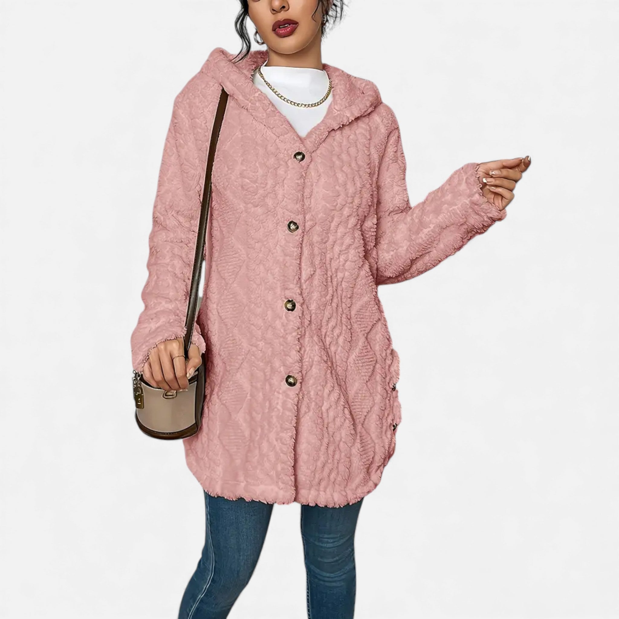 Dorvelli | Women’s Jacquard Plush Hooded Cardigan – Winter Warm Elegance