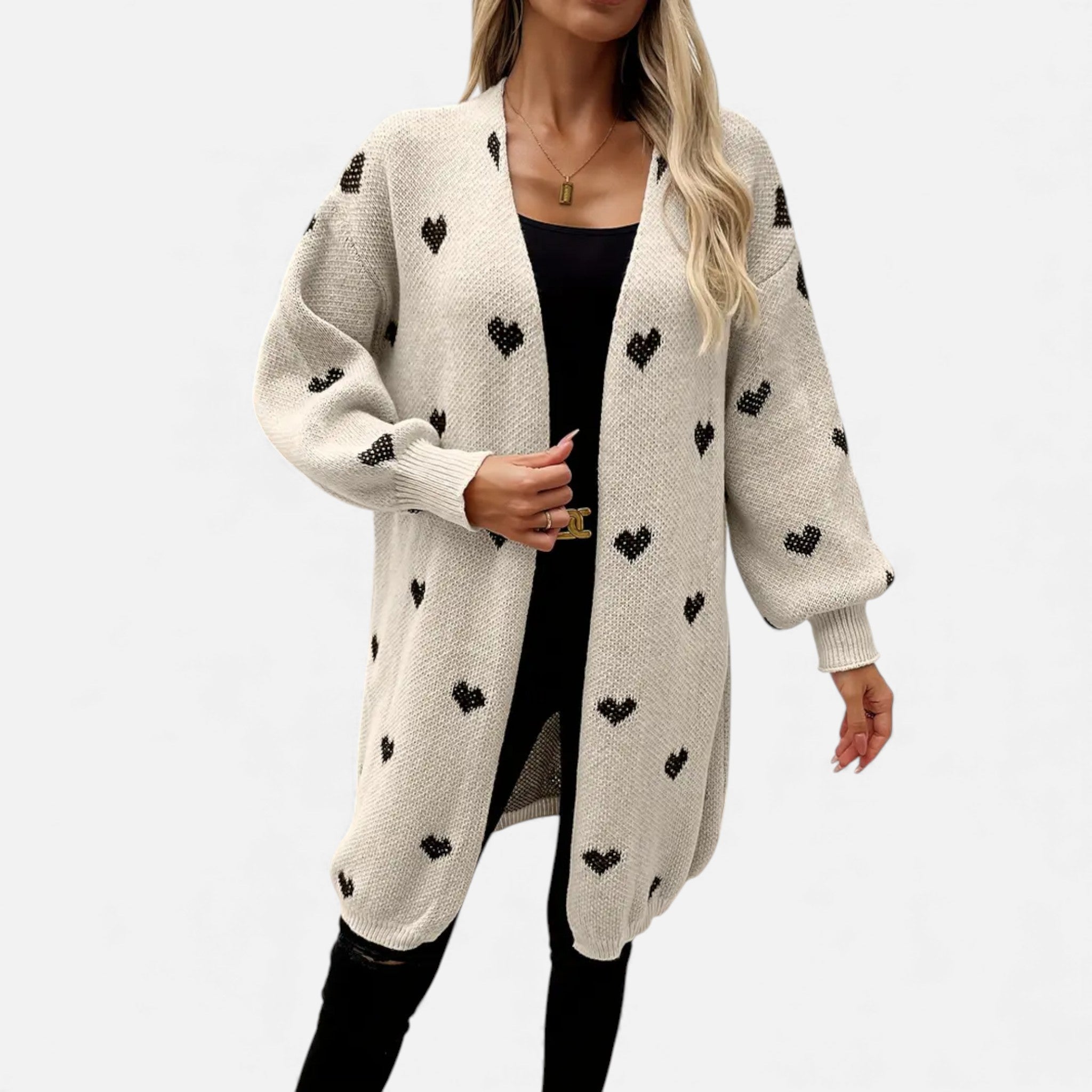 Dorvelli | Women’s V-Neck Knit Cardigan – Heart Pattern Elegance