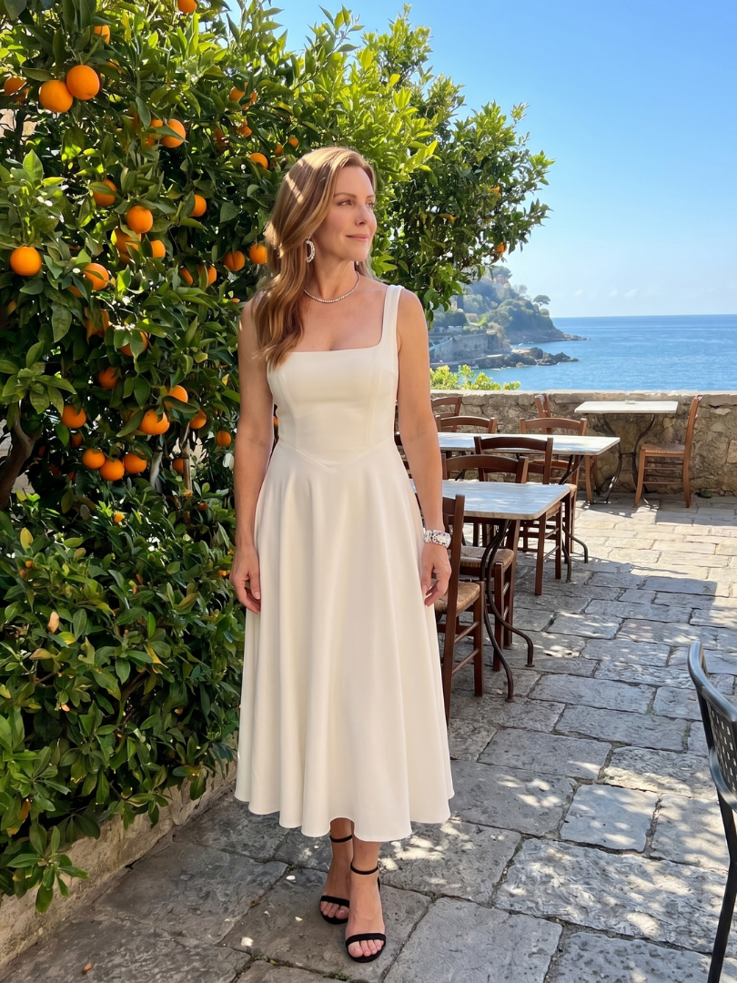 Dorvelli | Women's Midi Dress – Sleeveless Square Neck Flared