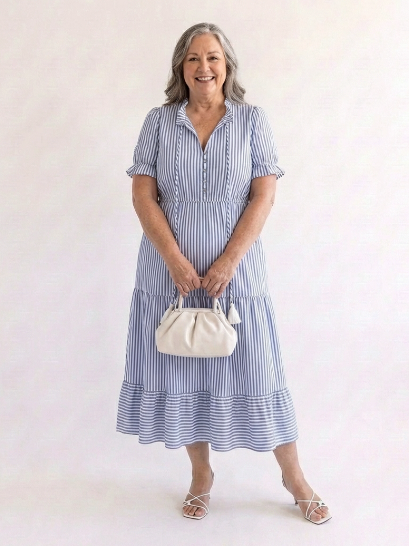 Dorvelli | Women's Midi Dress – Sleeve Striped Tiered