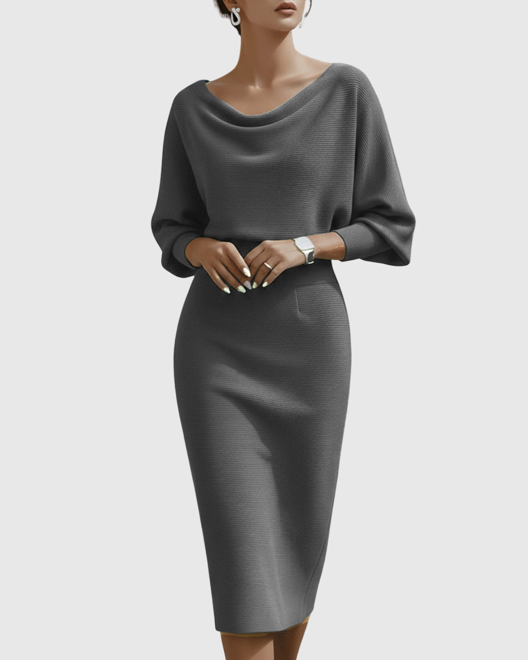Dorvelli | Women's Midi Dress – White Draped Batwing