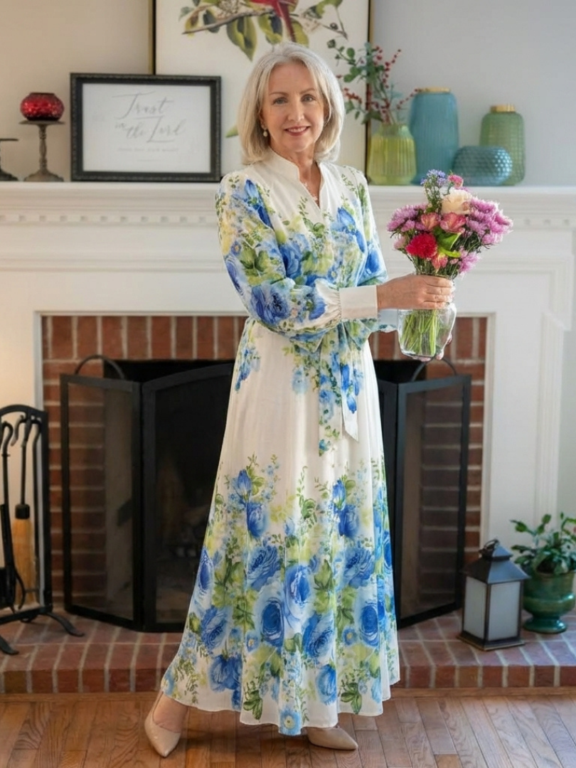 Dorvelli | Women's Maxi Dress – Long Sleeve Floral Button