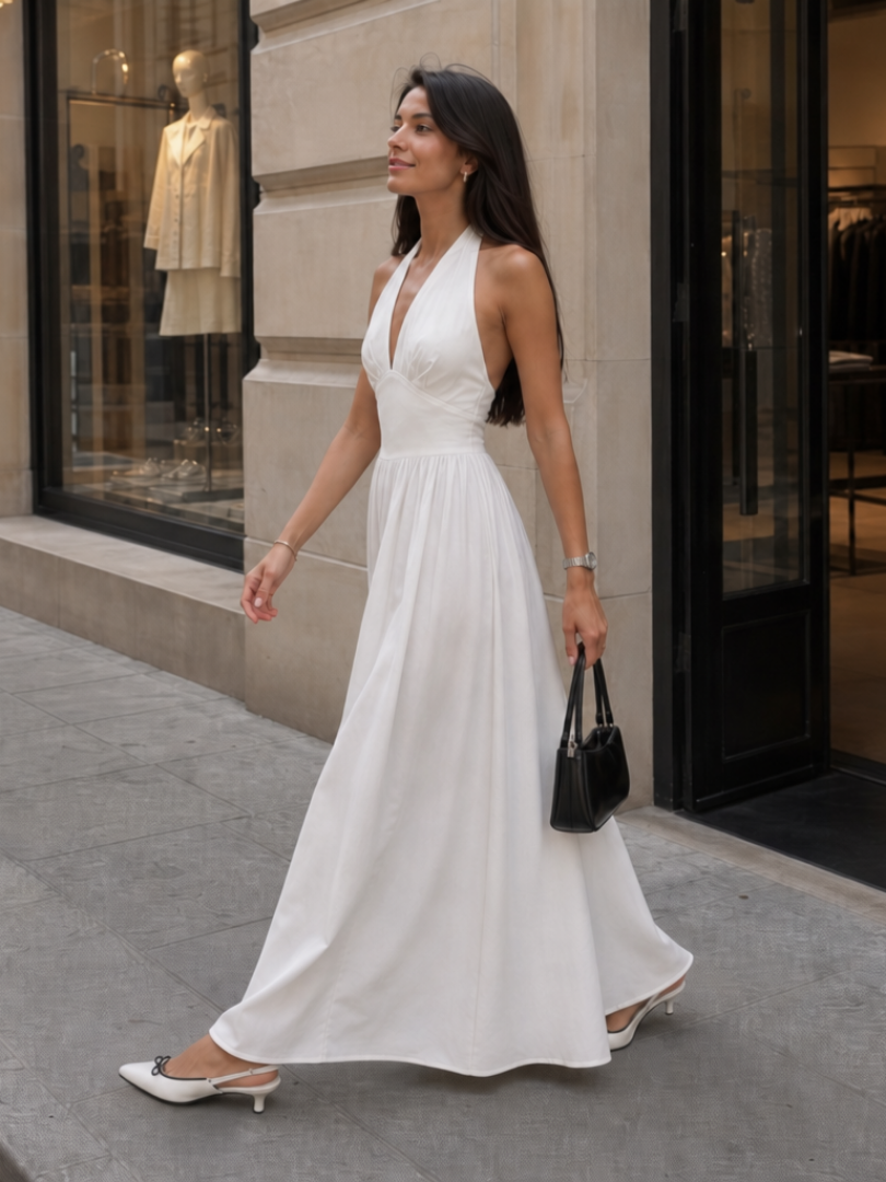 Dorvelli | Women's Midi Dress – Sleeveless Halter Neck Fitted