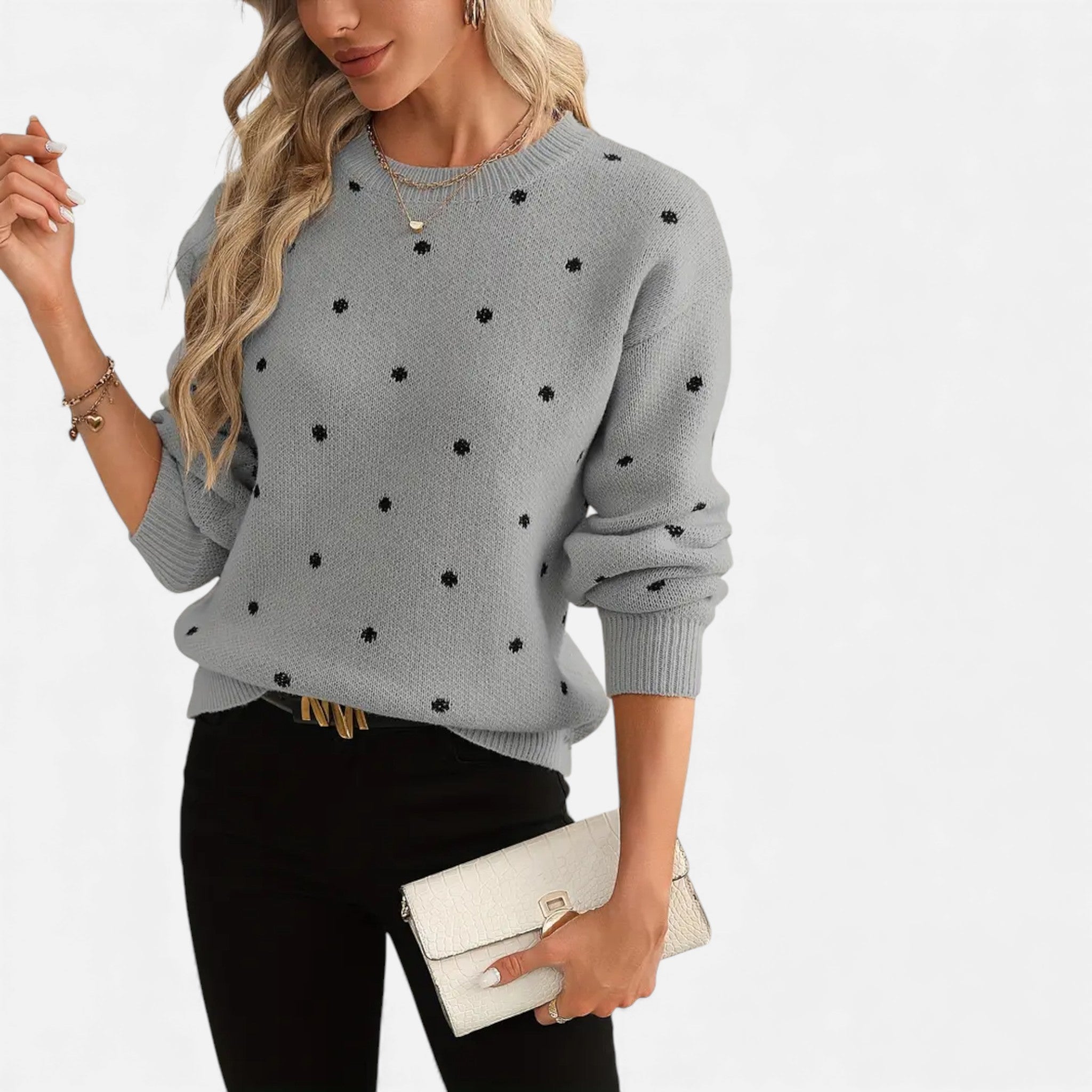 Dorvelli | Women’s Sweater – Polka-Dot Crew-Neck Elegance